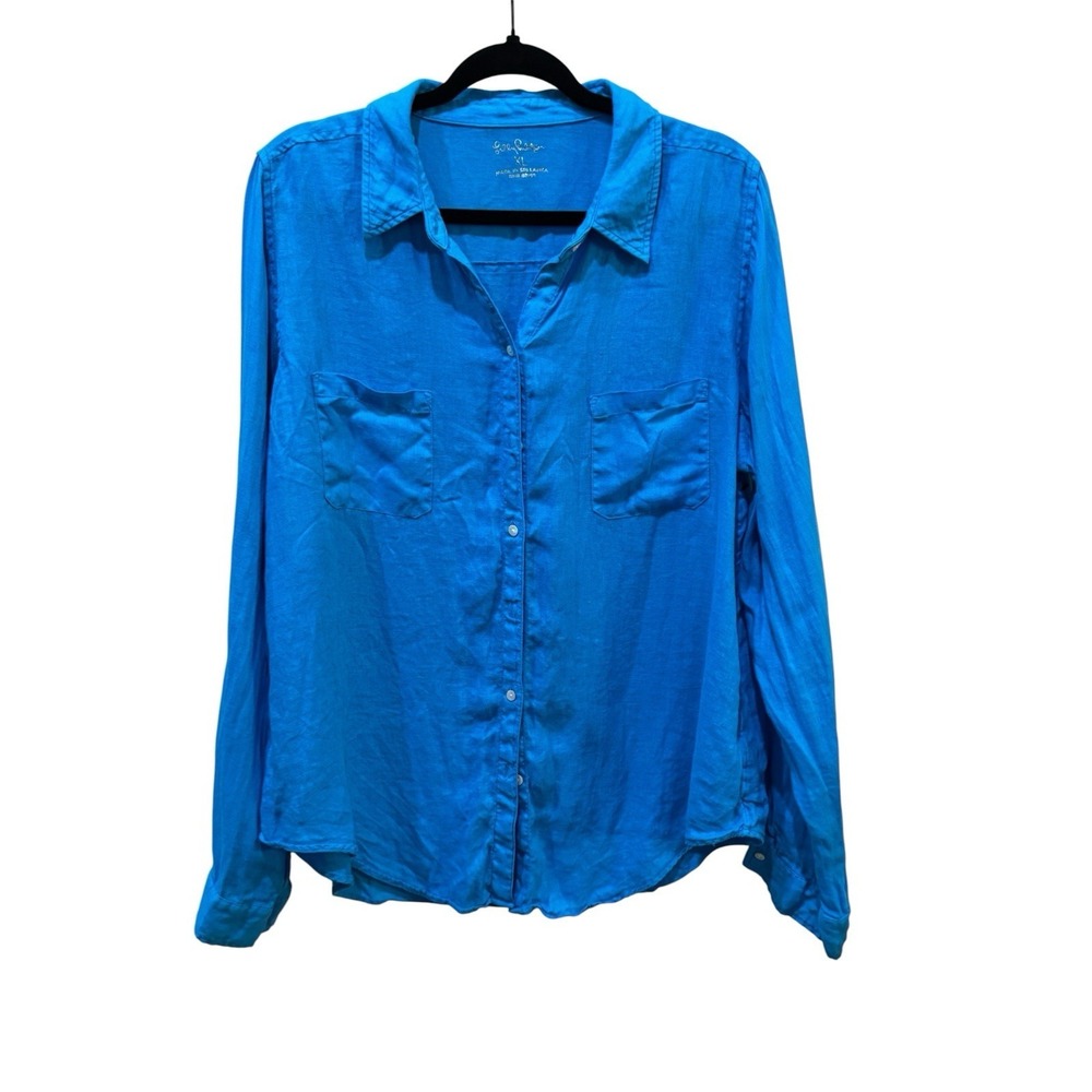 Lilly Pulitzer Sea View 100% Linen Button Up Top Womens Size XL Blue Relaxed